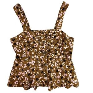 Brown Floral Smocked Peplum Button Front Tank Top Women's Size L Coquette